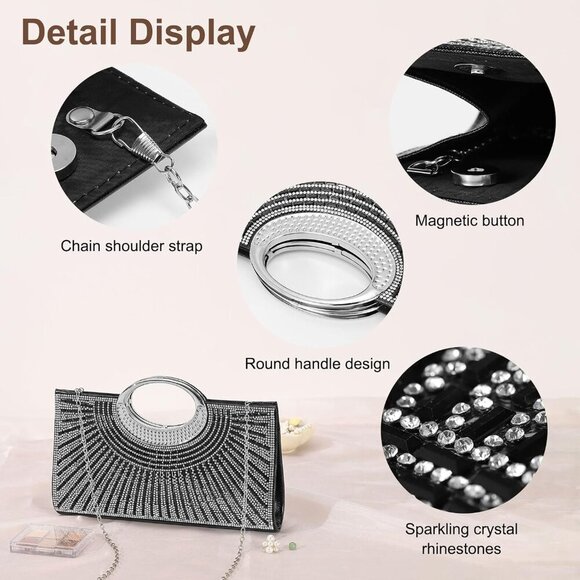 🆕Women Sparkly Black Polyester Rhinestone Clutch Evening Bag Shoulder Chain - Picture 4 of 7
